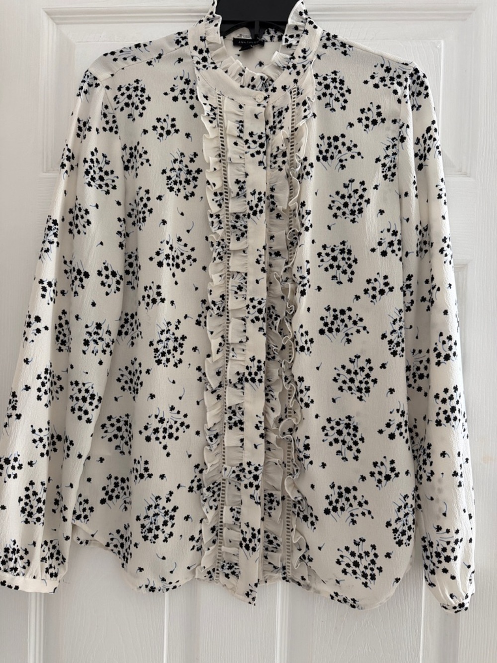 Ann Taylor White Blouse with Black Floral Print and Ruffle Front Size M